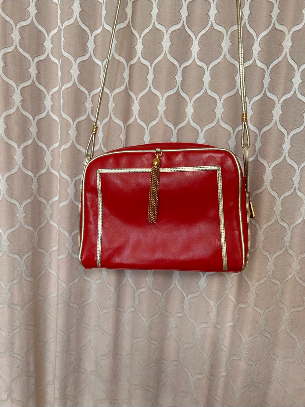 Red Leather Crossbody with Gold Strap, Trim and Tassel